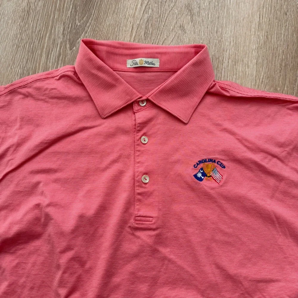 Peter Millar Carolina Cup Polo Shirt Mens XL Salmon Striped Mercerized Cottonn‎